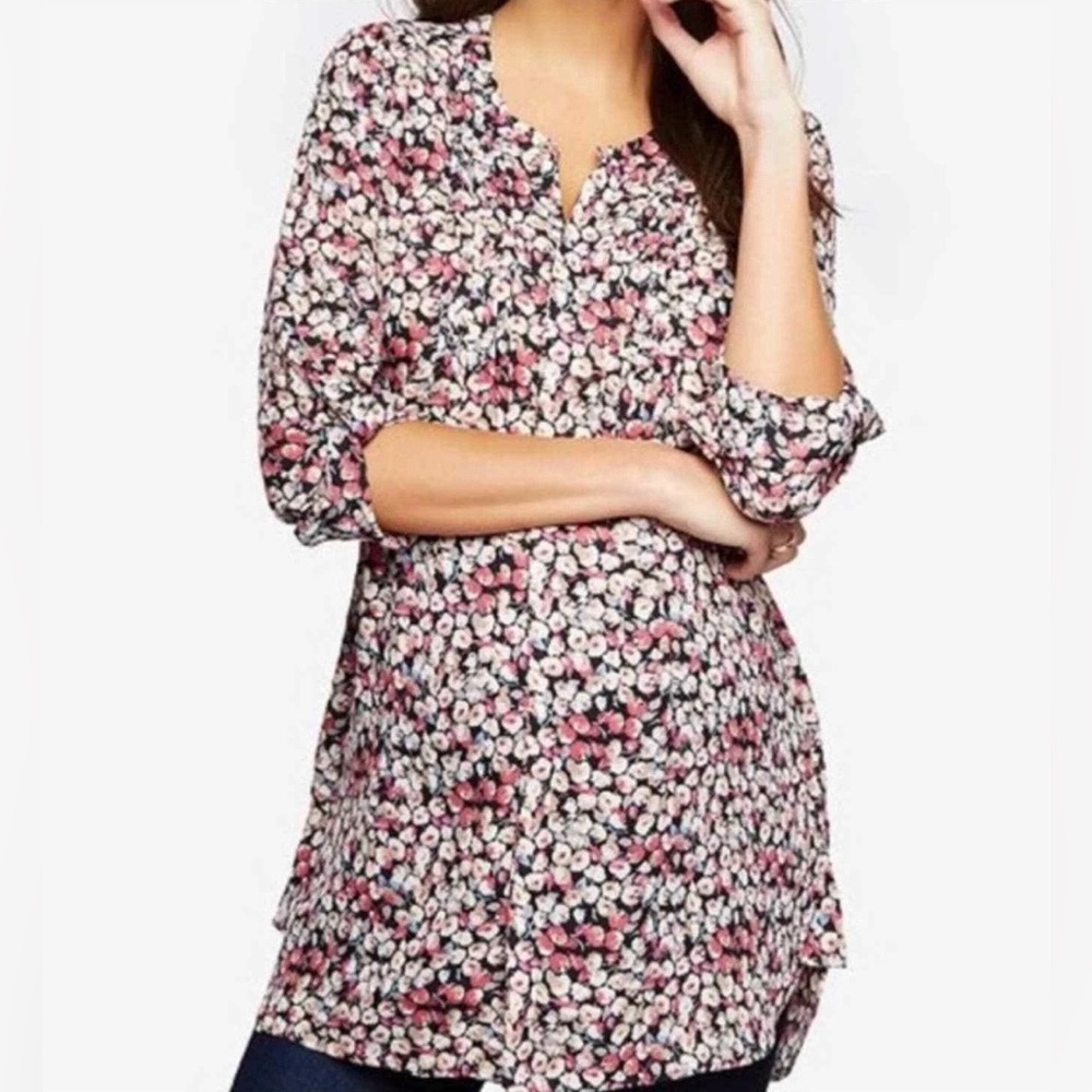 A PEA IN THE POD Daniel Rainn Pink Cream Black Floral Tunic Top Maternity Shirt